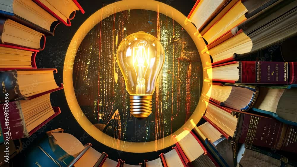 Poster A glowing light bulb is framed by a circle of open books, creating a warm ambiance in a library, representing the fusion of knowledge and inspiration.