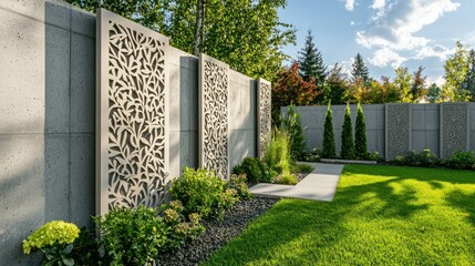 A concrete fence with decorative patterns surrounding a modern garden.