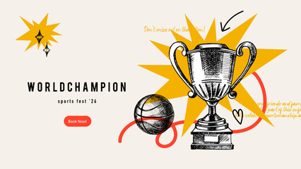 Vector sketch sport background with collage of trophy cup image. Perfect for design poster, greeting card and book cover. Hand drawn illustration. Not AI generation