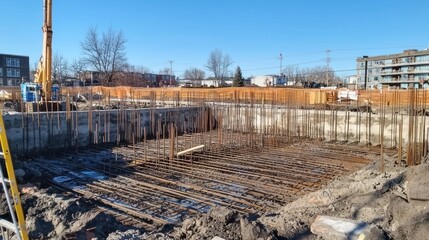 A construction site with a freshly poured concrete foundation being reinforced with steel bars.