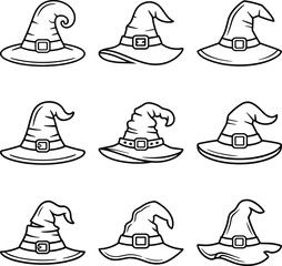 Set of Witch Hat Line Art Vector Illustrations for Halloween