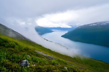 Scenic lake view from a grassy slope under a cloudy sky