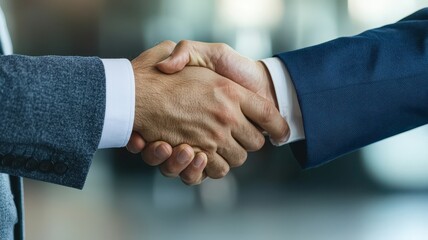 Obraz premium Two hands shake firmly, symbolizing agreement or partnership in a professional setting.