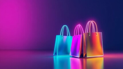 Neon Shopping Bags Vivid Retail Concept, E-commerce, Shopping