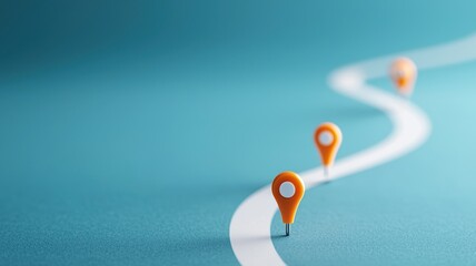 A minimalist image featuring orange map pins on a winding white path against a teal background, symbolizing navigation and travel.