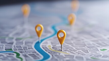 A close-up of a map featuring yellow location pins, highlighting various points of interest along a river.