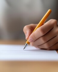 A close-up of a hand holding a yellow pen, writing on a blank sheet of paper, emphasizing creativity and the act of writing.