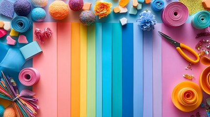 Creative flat lay of colorful craft supplies including papers, scissors, glitter, and greeting cards inviting engaging DIY activities