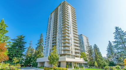 Fototapeta premium A high-rise condominium exterior with balconies and a clean urban setting under clear skies.