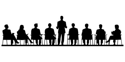 People meeting silhouette. Business meeting silhouette of people in conference discussion. Businesspeople are sitting in chairs having a discussion.