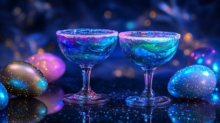 Obraz premium A futuristic and surreal Easter scene featuring two cocktail aperitif drink with chocolate bunny, easter cookies and galaxy eggs