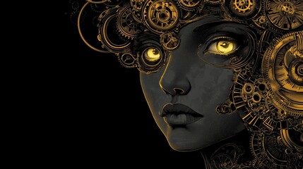 Stylized Female Portrait with Glowing Eyes and Intricate Gold Detail