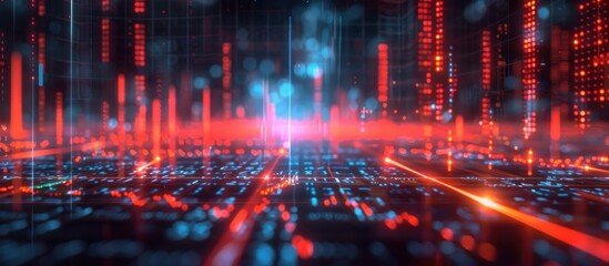 Obraz premium Futuristic digital city, data streams, red and blue glow, network