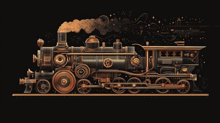 Vintage Steam Locomotive Illustration Copper and Gold Train on Dark Background