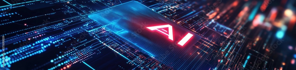 Poster abstract artificial intelligence network with glowing blue and red lights in a futuristic digital de