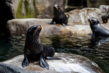 Seals basking on rocks, one stares up, others watch in background