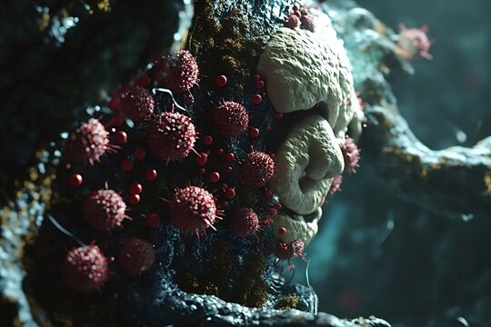 Microscopic view of a virus infecting an organic life form, potentially representing an emerging pandemic and the spread of infectious diseases