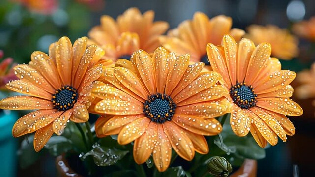 Orange gerbera daisies in pot, water droplets, close-up.  Possible use stock photo