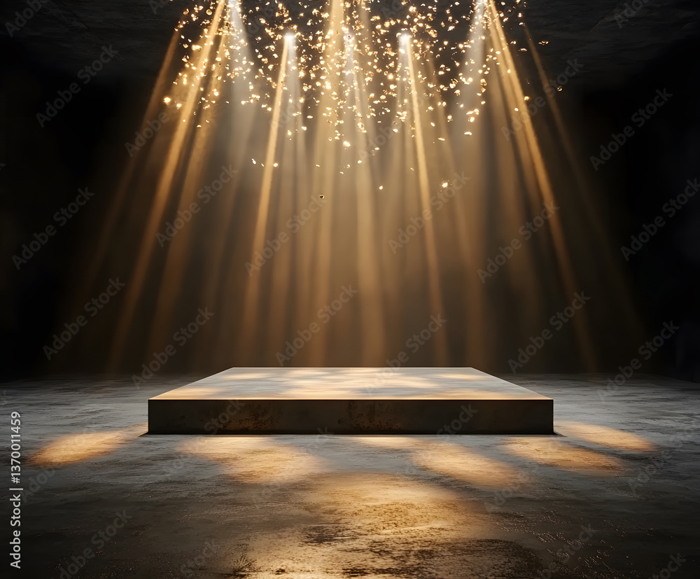 Poster dramatic stage with beams of light illuminating a dark space