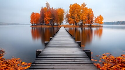A serene and picturesque autumn landscape featuring a still lake with a wooden footbridge extending into the water surrounded by a forest of vibrant orange red and brown trees in full fall foliage