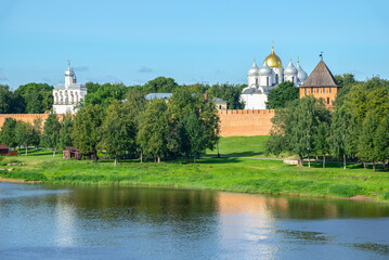 River Volkhov at the walls of the old kremlin. Great Novgorod, Russia