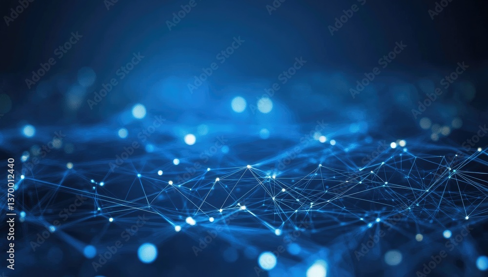 Poster abstract blue digital network with connecting dots and lines in a soft focus background with bokeh e