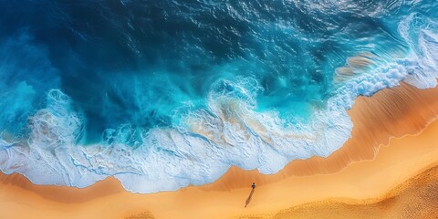 Obraz premium Minimalist top down seascape lone wanderer walking along endless golden shore while swirling deep blue ocean wave crash beside them white foamy texture highlighting water motion cinematic golden hour