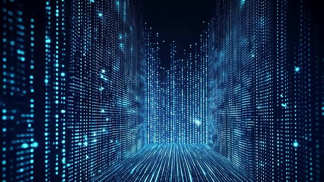 Digital Data Corridor with Flowing Binary Code and Illuminated Patterns in High-Tech Environment

