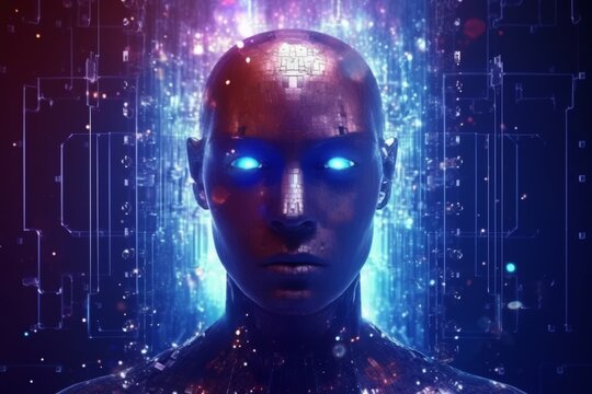 Futuristic ai face with digital particles and holographic padlock in an abstract deep tech scene