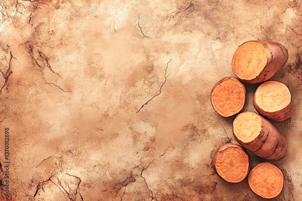 Poster freshly cut sweet potatoes arranged on a textured, rustic background, offering ample copy space for 