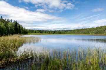 Serene lake reflects clouds and forest trees under a blue sky