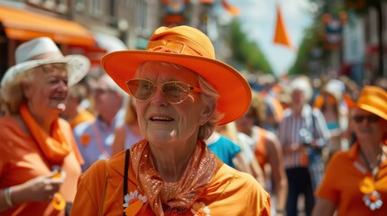 Celebrating koningsdag in the netherlands with vibrant orange attire and festive street atmosphere. People in orange clothes and hats. King's Day