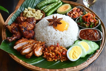 A vibrant nasi lemak dish with chicken egg and various side dishes on a banana leaf platter transparent background