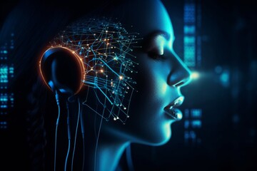 Voice biometric authentication  digital face profile emitting sound waves in a glowing interface