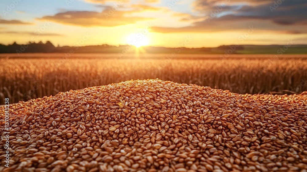Poster close-up view of a pile of harvested wheat grains with a blurred background of a wheat field during 