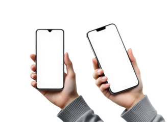 Hands Holding Modern Smartphones with Blank White Screens, Mobile Phone Mockup Display in Gray Sweater Sleeves Isolated on Transparent and White Background