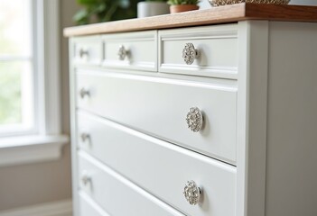 Elegant White Chest of Drawers with Crystal Accents: A Stylish Storage Solution for Modern Bedrooms, Perfect for Organizing Clothes and Adding a Touch of Glamour to Your Home Decor.
