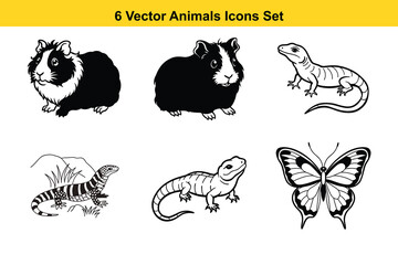 Funny cartoon farm animals vector set, including pig, dog, cat, and bird silhouettes
