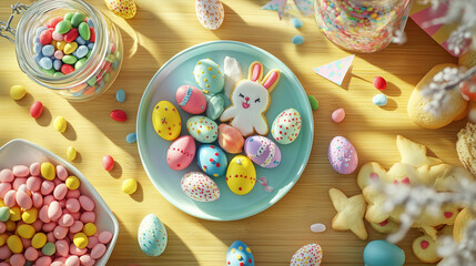 A joyful and colorful Easter flat lay with a playful Easter bunny and egg cookies