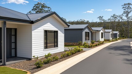 Modern Residential Units with Green Landscaping and Blue Sky