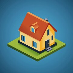 Isometric 3D House Illustration on Blue Background