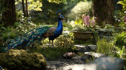 Naklejka premium Majestic Peacock in Lush Garden Surrounded by Vibrant Flora