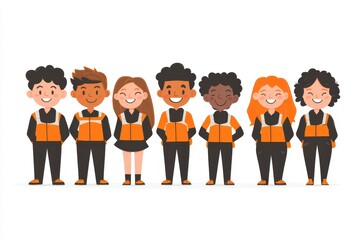 Cheerful cartoon characters in bright orange and black clothing for children s book illustrations