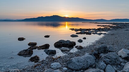 Sunset reflection over calm waters scenic shoreline nature photography tranquil environment serene viewpoint
