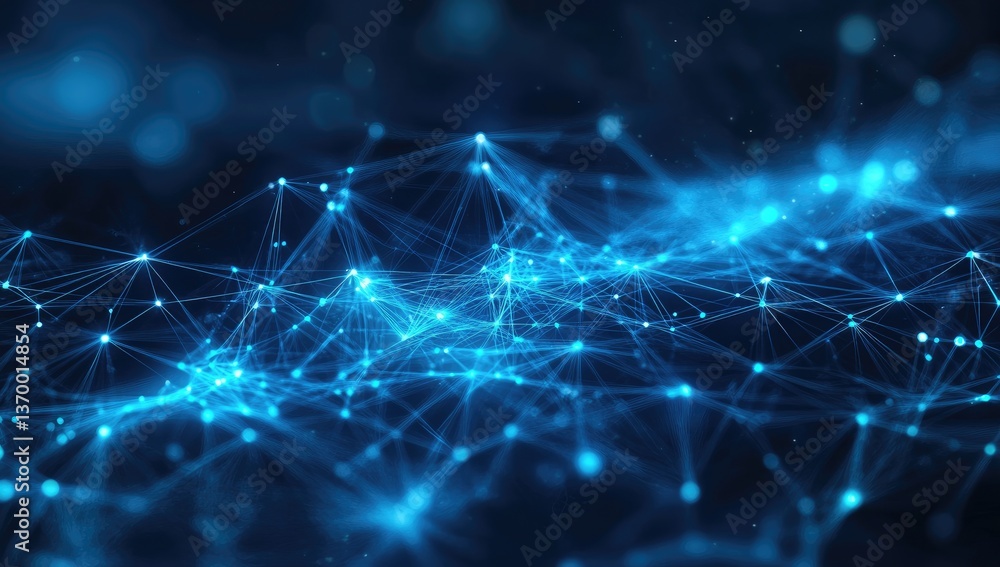 Poster abstract blue network of glowing dots and lines on dark background futuristic digital technology con