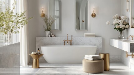 Modern luxury bathroom interior, sunlight, elegant decor, spa-like ambience, ideal for a magazine or catalog