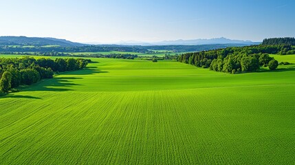 Lush green fields stretch across the landscape under a clear blue sky, surrounded by distant mountains and trees, creating a serene, picturesque view.