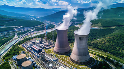 View on cooling towers of nuclear power plant thermal power station in which heat source is nuclear reactor, Europe