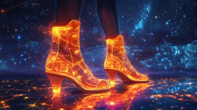 Futuristic boots, walking, starry night, glowing light