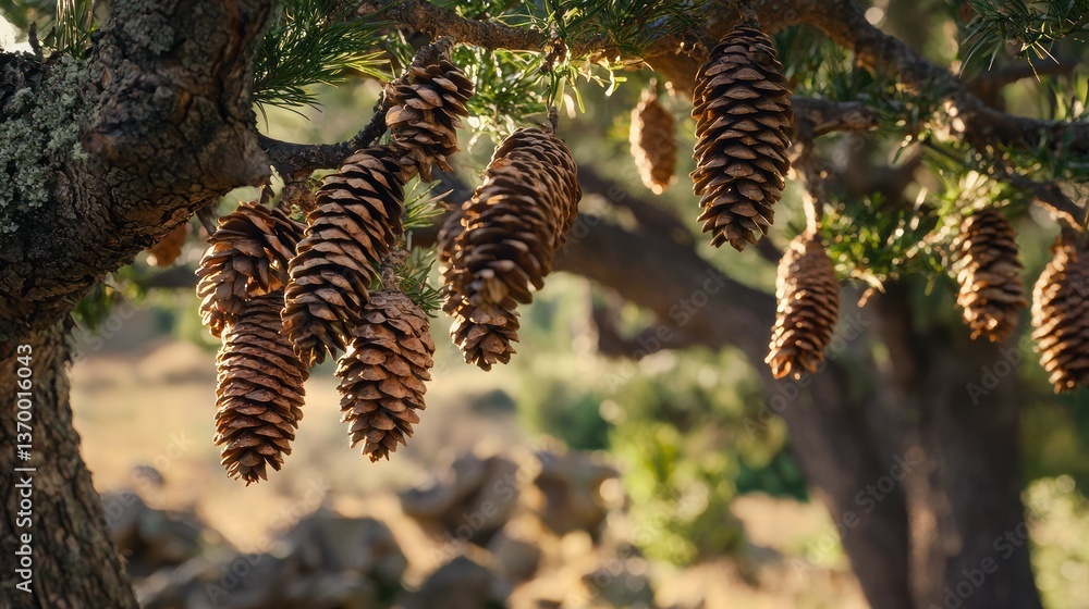 Poster a close-up of pine cones hanging from tree branches in a scenic forest setting.